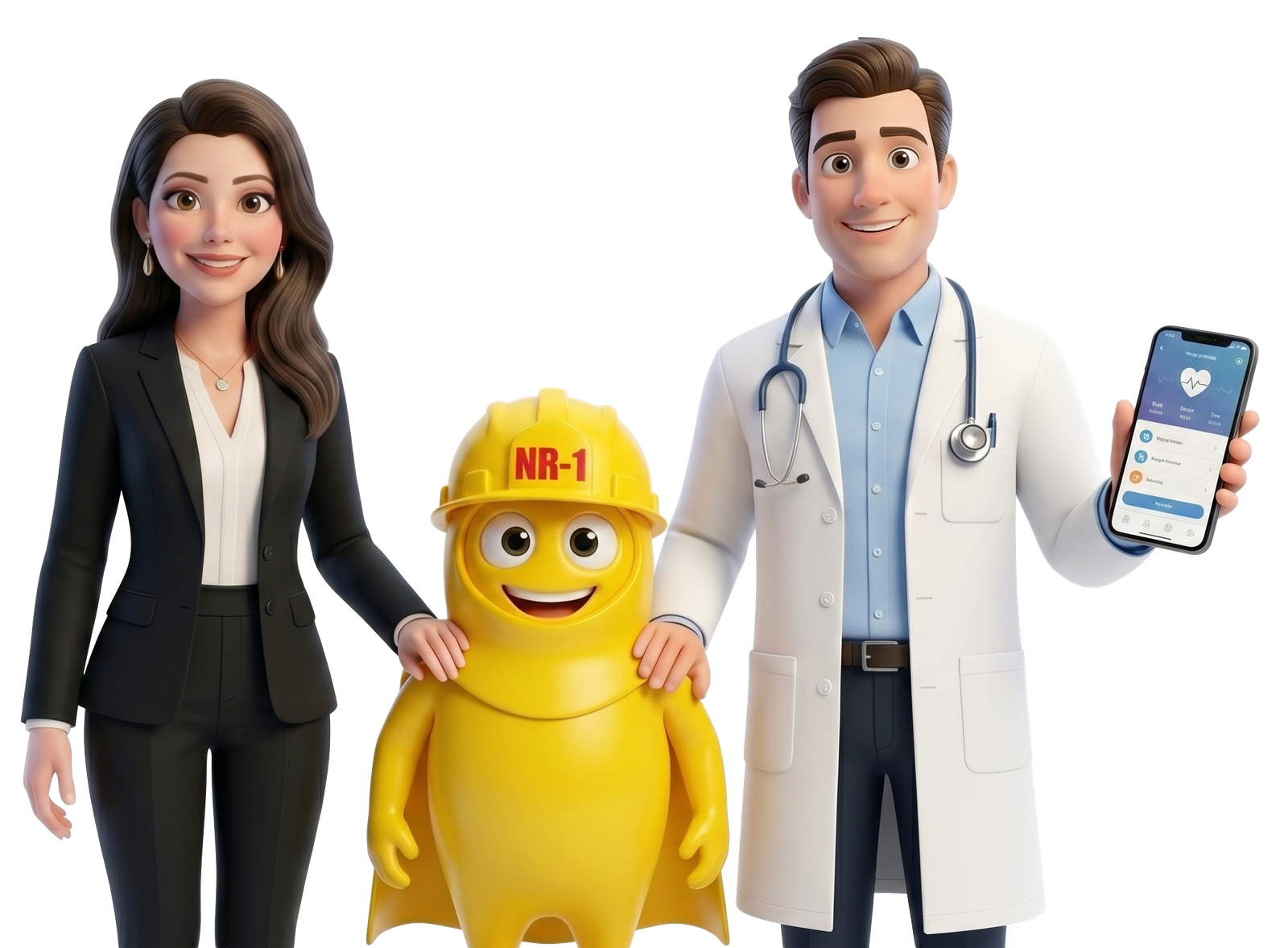 Gestora de RH, o mascote NR-1 da Mente NR1 e um médico do Dr. Cim com o app de telemedicina